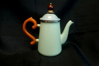 Vintage Mackenzie Childs Teapot Enamelware Green Marbled Lid Wood Handle