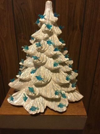 Vintage White Ivory Ceramic Christmas Tree 14 " Blue Splash W/ Blue Dove No Base