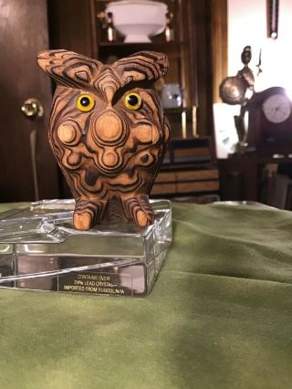 Mid Century Modern Witco Wood Carved Owl Burned Wood Miniature 2.  50” Wiggly Eyes