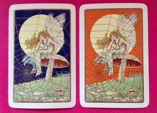 Vintage Swap Playing Card Art Deco Pair Titania Fairy On Mushroom Ladies Nymphs