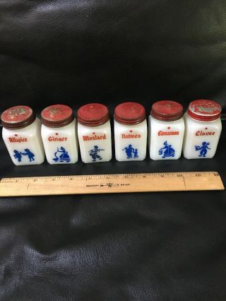 Set Of 6 Vintage Frank Dove White Milk Glass Spice Jars With Metal Shaker Lids
