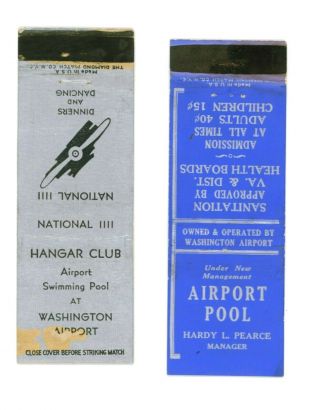 2 C1930s Washington Airport Pool And Hangar Club Matchcovers Washington,  Dc