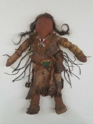 Old Native American Plains Indian Doll Cloth & Leather Pouch Beads 16 - Inch Tall