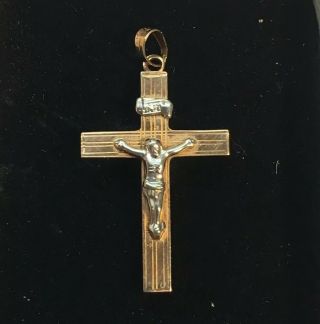 Vtg 14k Yellow Gold Jewelry Crucifix Cross Pendant Jesus 2 Tone Filigree 14k Ff
