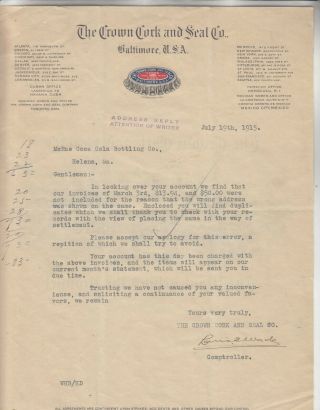 The Crown Cork And Seal Co.  Baltimore U S.  A.  Letterhead Dated July 19th,  1915