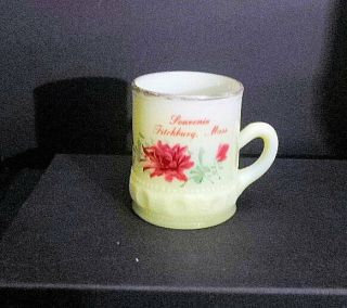 Antique Custard Glass Cup Hand Painted Flowers Souvenir Of Fitchburg,  Ma