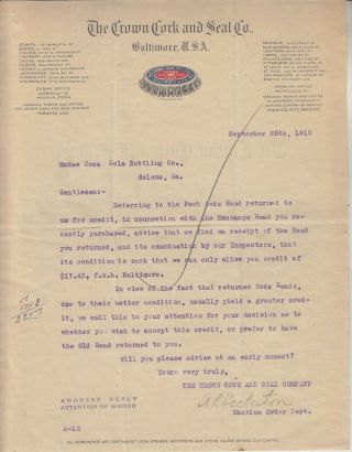 The Crown Cork And Seal Co.  Baltimore U S.  A.  Letterhead Dated Sept.  25th,  1915