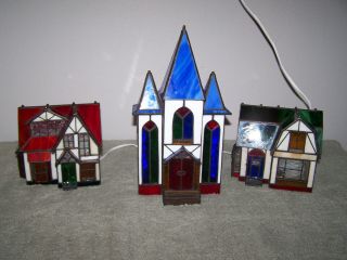 Grandeur Noel Lighted 3 Piece Stained Glass Victorian Christmas Village Church