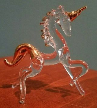 Vintage Hand Blown Glass Prancing Unicorn Figurine - Clear With Gold Accents