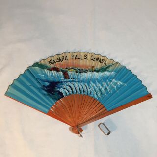 Niagara Falls 9” Folding Hand Fan Souvenir Wood Sticks Japan 1960s - 1970s Vintage