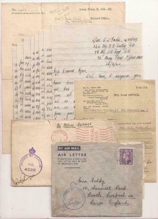 Wwii British Letters,  Documents.  Royal Artillery Casualty.  Died In Italy 1943.