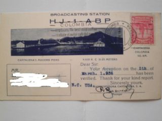 Qsl Card From Radio Station Hj1 - Abp Cartagena Colombia (1936)