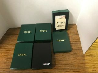 Four Green & One Black/gold Vintage Zippo Lighters Empty Boxs W/papers