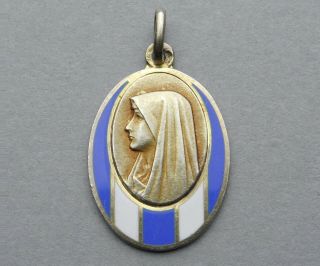 French,  Antique Religious Sterling Pendant.  Saint Virgin Mary.  Enamel Medal.