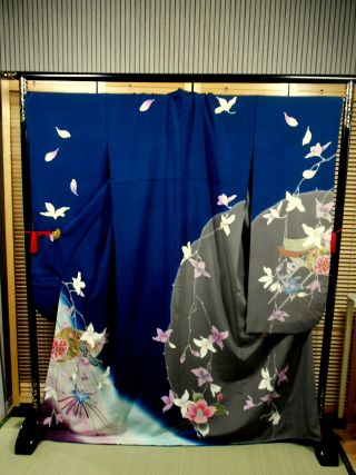 Japanese Kimono Silk " Furisode " Long Sleeves,  Blue Green,  Flowers,  Gold,  L 67 ".  792