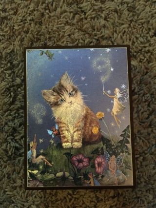 Vintage Wooden Cat Fairy Trinket Box - Kitty Cat Fairy Wood Jewelry Box Holder