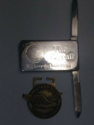 Vintage Pratt Whitney Aircraft Money Clip Knife File And Brass Medallion