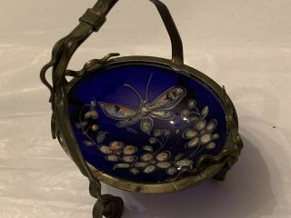 Cobalt Glass Open Salt In Ornate Czech Frame With Enameled Butterfly & Flowers
