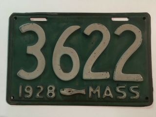 1928 Massachusetts License Plate Fish Codfish Green Color 4 Digit
