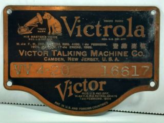 Vintage Victrola Victor Talking Machine Co Serial Number Plate Vv 4 - 20 16617