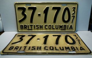 Pair 1937 Bc British Columbia License Plates 37 - 170,  One Is A Restored Plate.