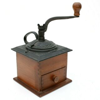 Vintage Woodcroftery Wood Cast Iron Hand Crank Coffee Bean Grinder Mill Drawer