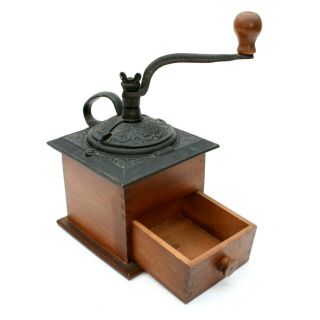 Vintage Woodcroftery Wood Cast Iron Hand Crank Coffee Bean Grinder Mill Drawer 6
