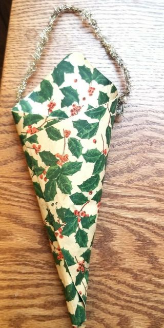 1st Holly Paper Cornucopia.  Tinsel Handle.  Home - Crafted.  1930s.  German Material