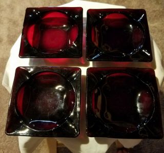 Set Of 4 Vintage Ruby Red Glass Ashtrays