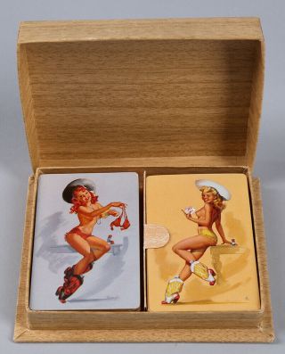 Vintage Cased Double Deck Joyce Ballantyne B&b Western Pin - Up Girl Playing Cards
