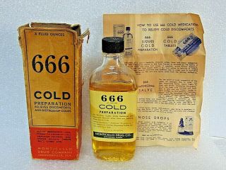 Vintage 666 Cold Preparation Bottle & Box Devils Brew Laxative Malaria
