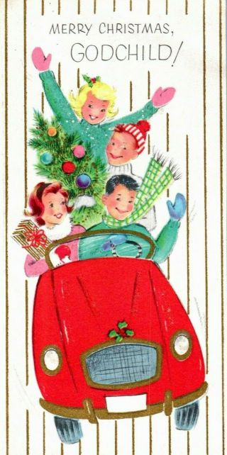 Happy Family Convertible Car Teens Glittered Vtg Christmas Greeting Card