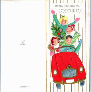 Happy Family Convertible Car Teens Glittered VTG Christmas Greeting Card 3