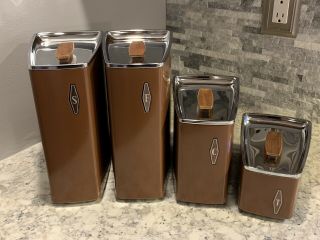 Lincoln Beauty Ware Mid Century Modern Canister Chrome Brown Set Retro Kitchen