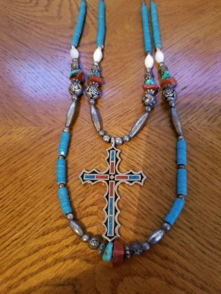 Vintage Turquoise Coral Inlay Cross Multi Beaded Approx 28 " Inch