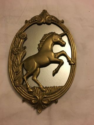 Unicorn/ Pegases Oval Mirror Wall Mount Solid Brass Mirror Vintage 1970 