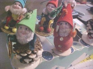 6 Shiny Brite Vtg Pipe Cleaner Elf Dwarf Gnome Chenille Japan Christmas Ornament 2