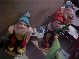 6 Shiny Brite Vtg Pipe Cleaner Elf Dwarf Gnome Chenille Japan Christmas Ornament 3