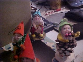 6 Shiny Brite Vtg Pipe Cleaner Elf Dwarf Gnome Chenille Japan Christmas Ornament 4