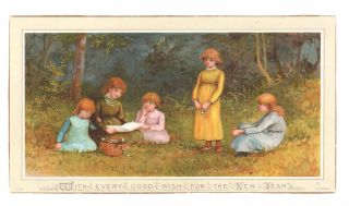 Antique H & F $75.  00 Prize Year Greeting Card Girls Book Basket Forest