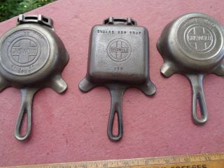 Three DIFFERENT Antique Griswold Cast Iron Ashtrays One with LABEL 3