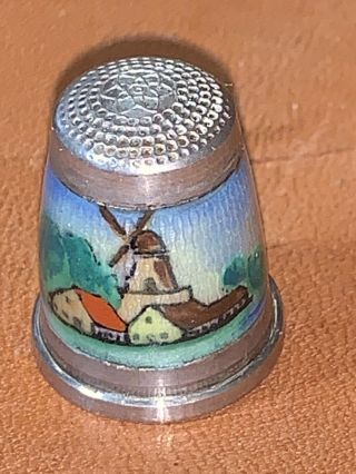 Antique German Sterling Silver & Enamel Guilloche Thimble Old Mill Scene