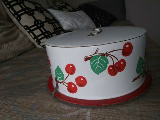 Antique Vintage Tin Cake Carrier,  Red Cherries Cherry Decoware,  1950s Rockabilly