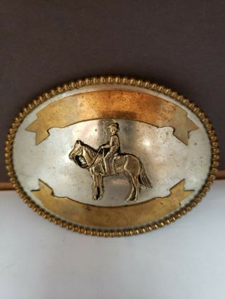 Vintage Western Rodeo Style Belt Buckle Silver And Brass,  Cowboy Horse