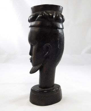 Hand Carved Dark Brown Wood African Head Man With Beard Hat Possibly Ebony