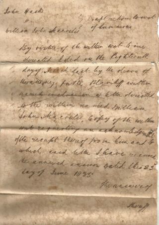 1835 Sheriff William Hickey’s Service Of Summonses In The Suit Of John Hastee