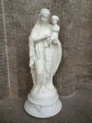 Antique Bisque Porcelain Virgin Mary Madonna Child Jesus Altar Standing Statue