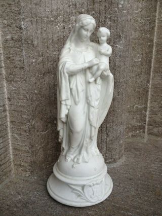 Antique Bisque Porcelain Virgin Mary Madonna Child Jesus Altar Standing Statue 2