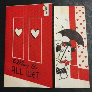 Terrier Dog Holding Umbrella In Rain Red Hearts Vintage Valentines Day Card