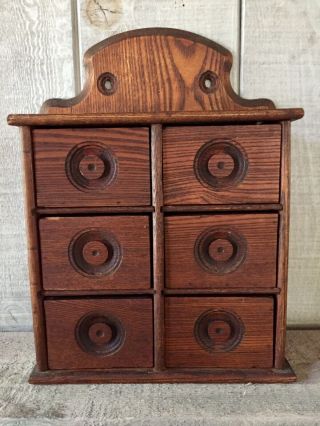 Antique Vintage Wood Spice Apothecary Six Drawer Wall Cabinet